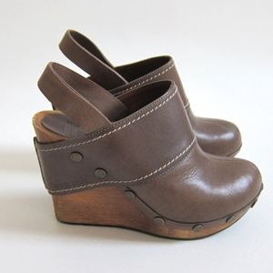 Studded Taupe Leather Platform Wedge Sandals Mules